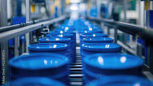 Wallpaper Mural Blue barrels on an assembly line with a blurred background creating empty space for text or branding in an industrial setting Torontodigital.ca