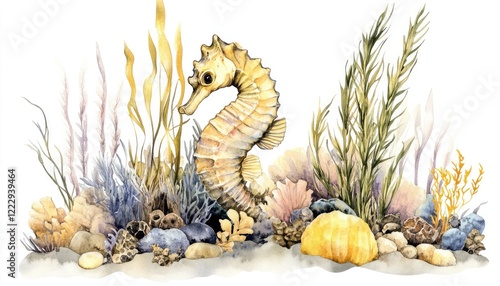 A detailed watercolor illustration of a seahorse surrounded by vibrant marine plants and coral