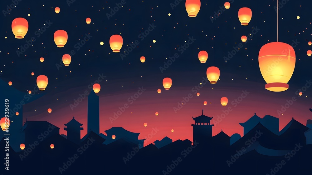 Naklejka premium Floating lanterns illuminating a twilight sky, serene atmosphere, perfect for celebrations and inspirational themes.