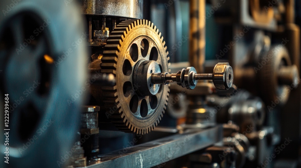 Fototapeta premium Industrial machinery close up showcasing detailed gears and mechanisms with space for text overlay or captions in advertising and marketing.