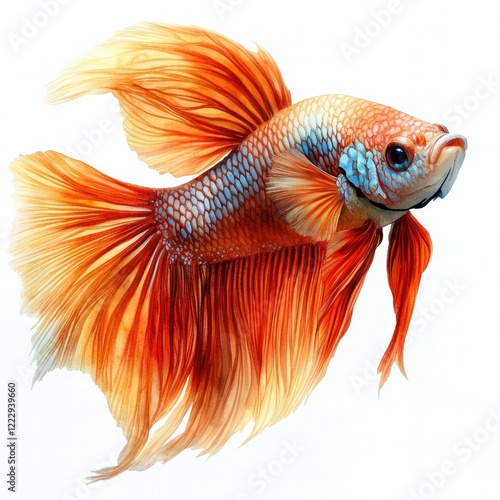 Vibrant orange betta fish gracefully swimming against a clean white background, showcasing its flowing fins