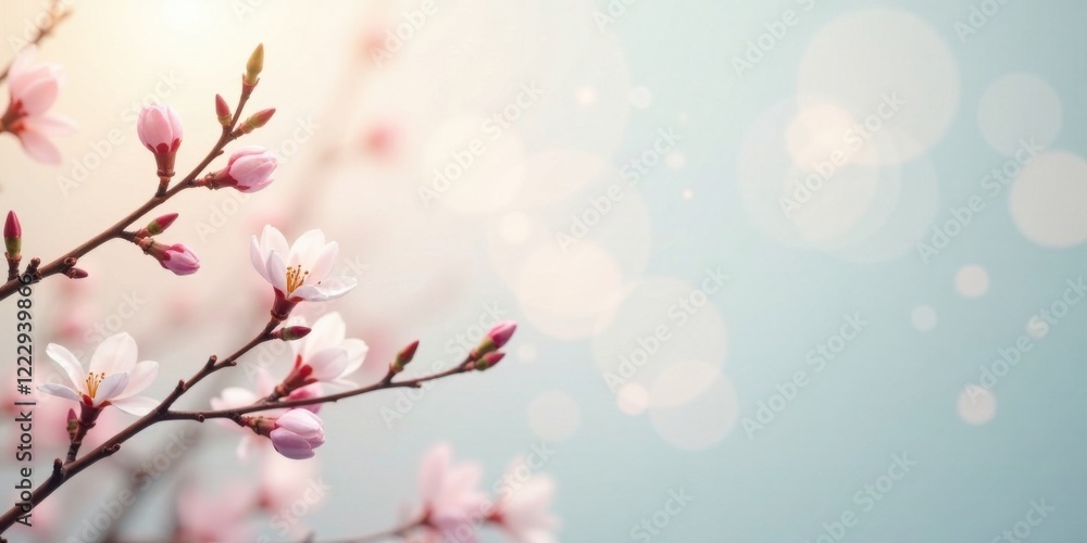 Delicate Spring Blossoms on a Branch, Soft Light and Pastel Background, Representing Renewal and Tranquility Delicate Spring Blossoms on a Branch, Soft Light and Pastel Background, Representing Renewal and Tranquility