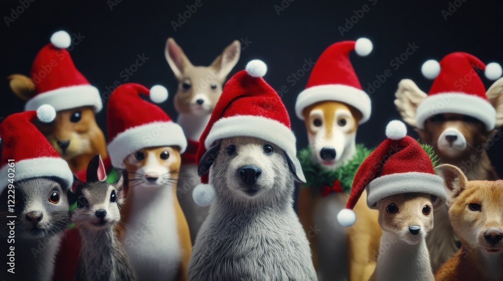 Santa hat uses on various characters. Featuring imaginative and festive applications. Ideal for holiday visuals. Santa hat uses on various characters. Featuring imaginative and festive applications. Ideal for holiday visuals.