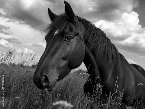 Black horse in tall grass photo