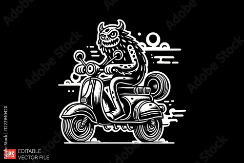 Monster riding scooters Black and white silhouette Illustration vector design