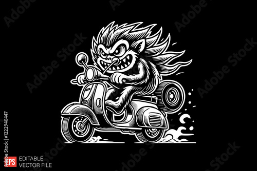 Monster riding scooters Black and white silhouette Illustration vector design