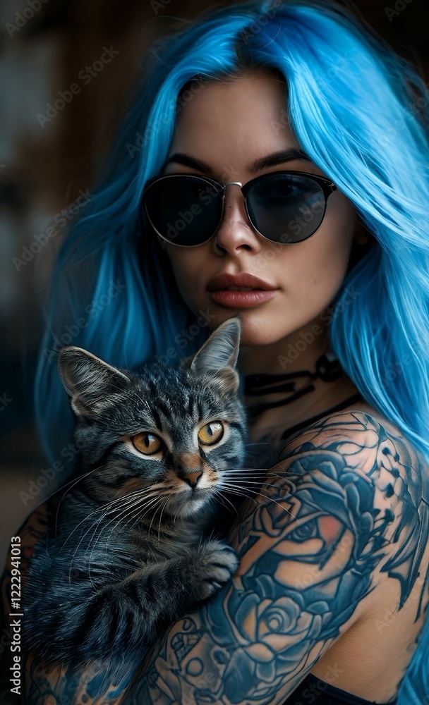 Tattooed Individual with Blue Hair Holding a Tabby Cat Tattooed Individual with Blue Hair Holding a Tabby Cat