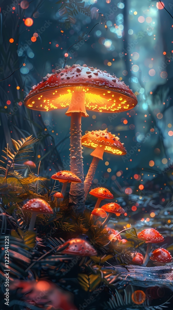Fototapeta premium Digital technology fantasy forest mushroom poster background