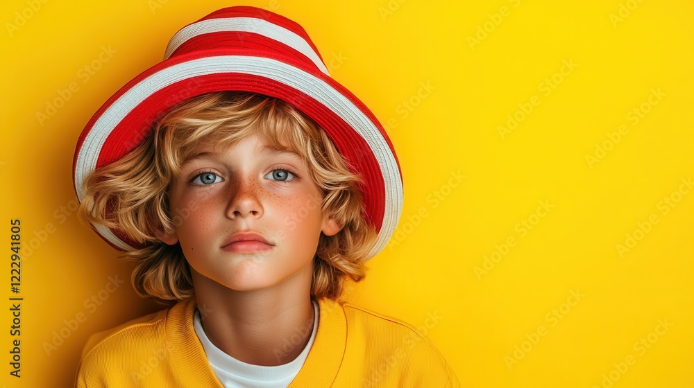 A young boy stares intently at the camera while wearing a red and white striped hat, reflecting a moment of contemplation and innocence against a bright yellow background. A young boy stares intently at the camera while wearing a red and white striped hat, reflecting a moment of contemplation and innocence against a bright yellow background.