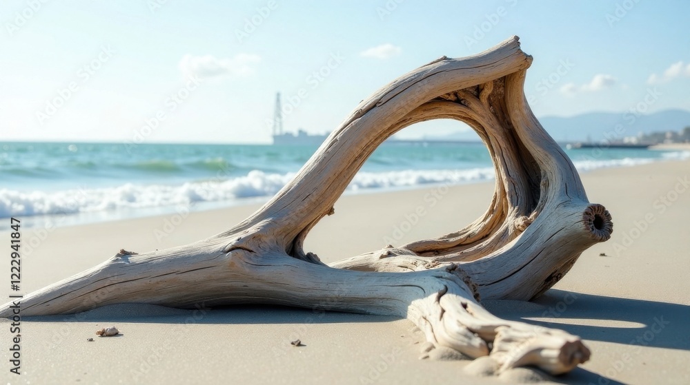 Fototapeta premium Ocean-worn driftwood forms a natural frame, showcasing a tranquil beach scene with gentle waves