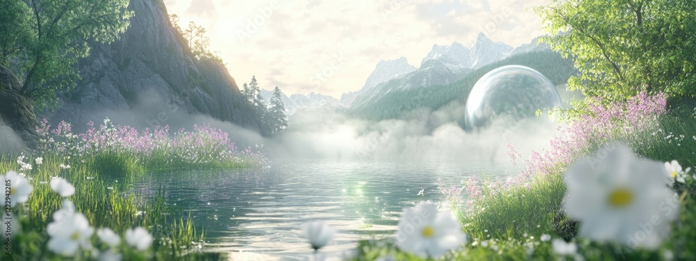 Fototapeta premium Serene Cosmic Landscape with Lush Flora and Tranquil Waters Ideal for Text Overlay or Nature-Themed Designs