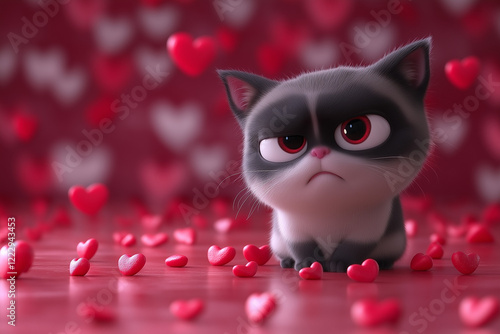 A grumpy cartoon cat with big eyes sitting among red heart shapes on a pink background, representing a playful take on Valentine's Day themes. photo