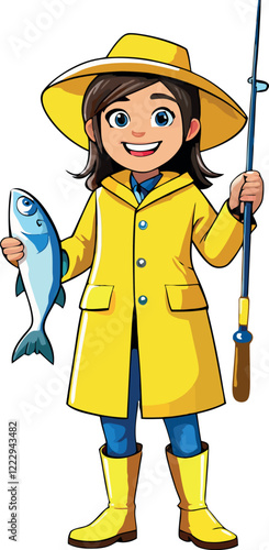 Young fisherwoman holding fish and fishing rod