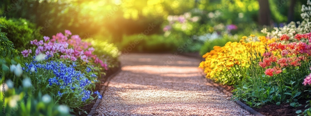 Fototapeta premium Vibrant summer garden pathway surrounded by colorful flowers and natural light with space for overlay text or graphics