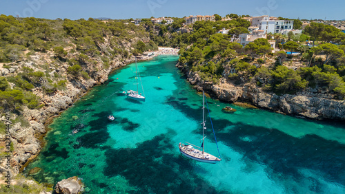 Konstfotografi Aerial revealing view of the Bay of Cala Pi in Mallorca, Balearic Islands, Spain