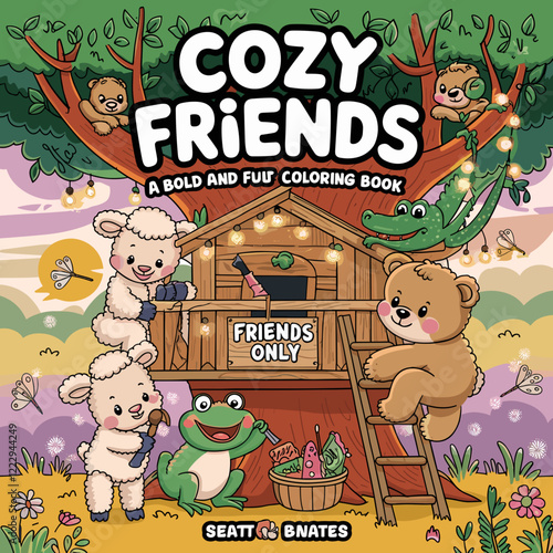 cute coloring book cover, cover, cute kids illustration, cartoon cover, cartoon illustration, kawaii coloring, easy and bold, kawaii cover, cozy, cozy cover, fuzzy, hygge, coloring pages, adult colori