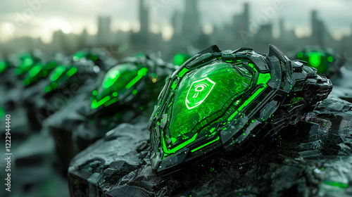 Futuristic cyber defense technology with glowing green shields on rocky terrain, set against city skyline. image evokes sense of advanced security and innovation photo