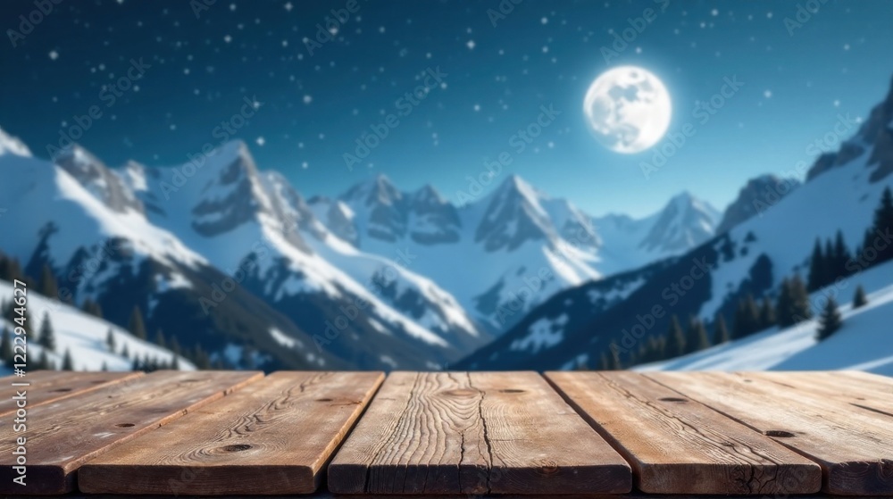 Serene Nightscape Majestic Snow-Capped Mountains Under a Full Moon, Rustic Wooden Table in Foreground Serene Nightscape Majestic Snow-Capped Mountains Under a Full Moon, Rustic Wooden Table in Foreground