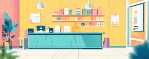 A vibrant, modern store interior featuring a colorful display shelf, a reception counter, and plants, exuding a cheerful atmosphere.