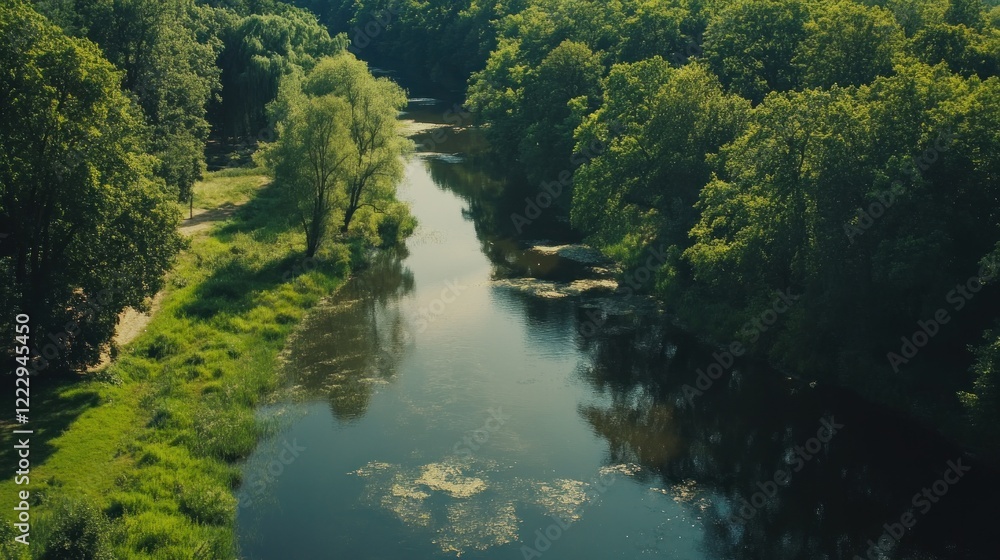 Aerial View of a Serene River Flowing Through a Lush Green Forest Canopy Aerial View of a Serene River Flowing Through a Lush Green Forest Canopy