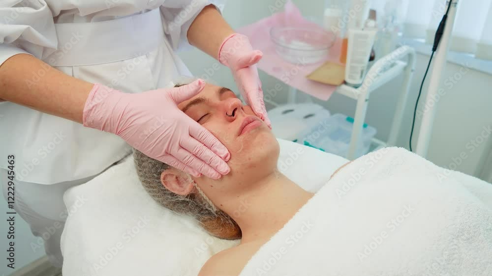 Woman lying calmly while gloved hands massaging face with care. Female receiving facial treatment during cosmetology session. Lady relaxing as specialist performs skincare procedure gently Woman lying calmly while gloved hands massaging face with care. Female receiving facial treatment during cosmetology session. Lady relaxing as specialist performs skincare procedure gently