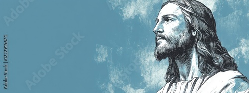 Drawing of Jesus Christ on a serene blue background with ample copy space for inspirational text or religious messaging