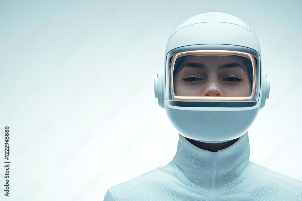 Futuristic character in sleek white suit and helmet, exuding mys Futuristic character in sleek white suit and helmet, exuding mys