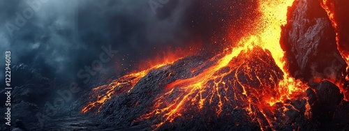 Dramatic volcanic eruption with flowing lava and ash clouds creating a striking natural landscape and ample space for text placement photo