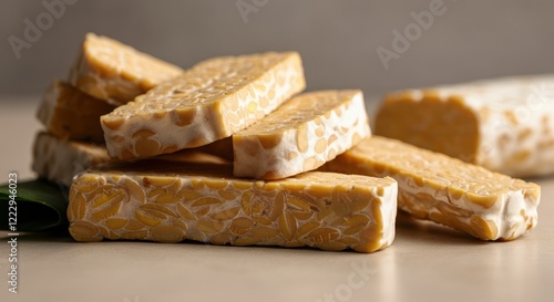 Fresh tempeh blocks stacked on a neutral background, showcasing plant-based protein