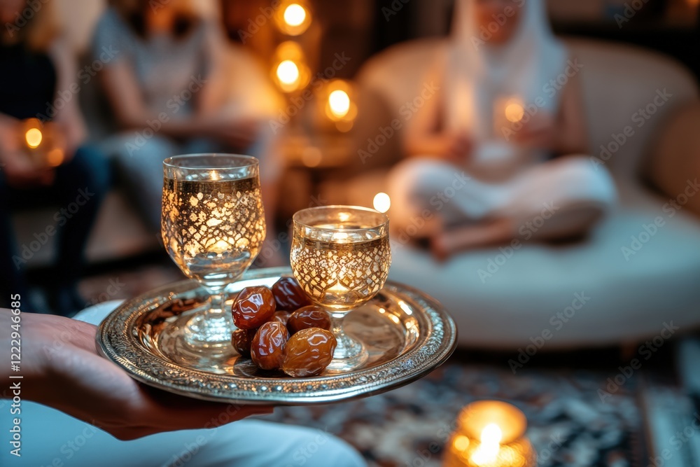 Fototapeta premium A tray filled with dates and water is being carried amidst a warm gathering of family members enjoying Iftar. Lanterns create a cozy atmosphere in the living room