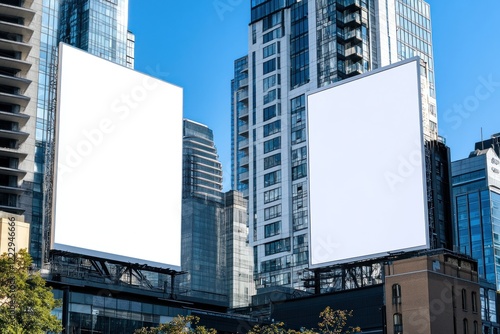 Two blank billboards on city buildings.