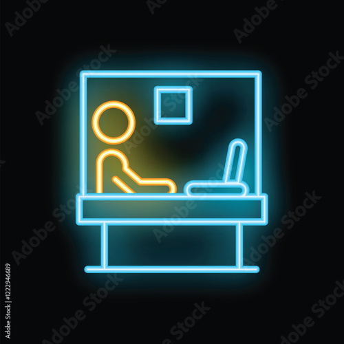 Neon icon of an office worker using a laptop while sitting at their desk, glowing blue and yellow on a black background