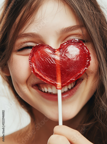Close up portrait of a happy young woman with a red valentine love heart lollipop