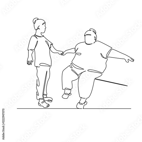 One continuous single drawing line art flat doodle nurse, recovery, overweight, patient, people, health and medicine. Isolated image hand draw contour on a white background, hand drawn, not AI