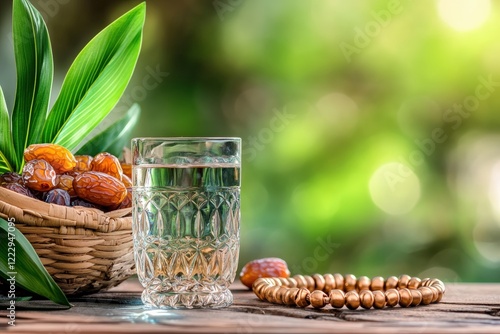 A close-up view showcases a basket of fresh dates, accompanied by a glass of water on a wooden table. Tasbih prayer beads rest nearby, creating a serene atmosphere for Ramadan Iftar photo