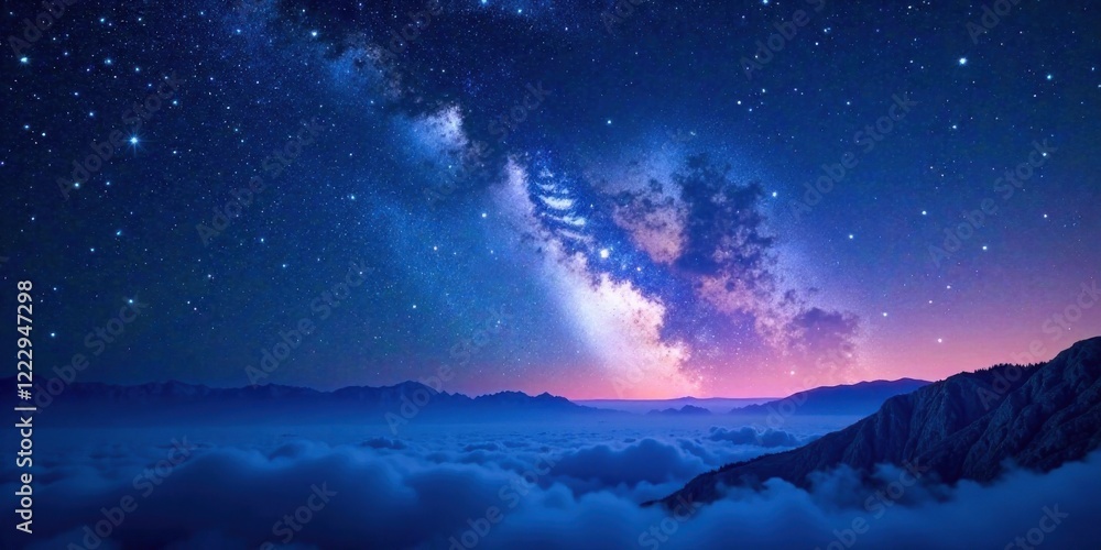 Fototapeta premium Celestial Panorama Serene Night Sky Above a Misty Mountain Range with the Milky Way Galaxy Shining Brightly