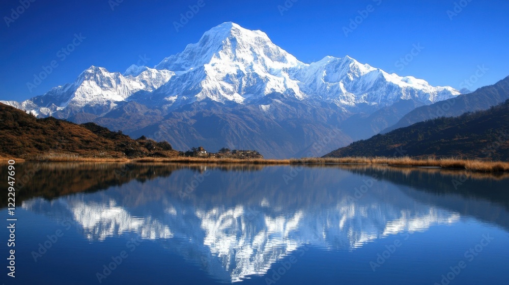Majestic snow-capped mountains with clear blue skies, towering over a frozen lake reflecting the winter beauty. Majestic snow-capped mountains with clear blue skies, towering over a frozen lake reflecting the winter beauty.