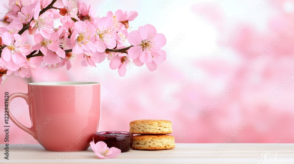 Pink Floral Background with Cup and Cookies for Relaxing Tea Time Pink Floral Background with Cup and Cookies for Relaxing Tea Time