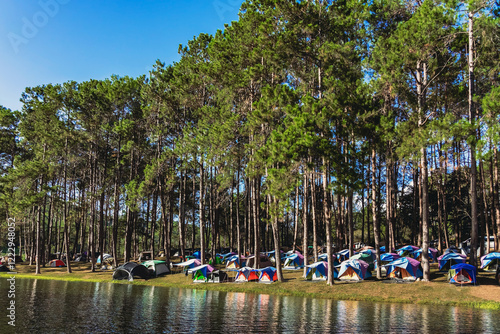 Beautiful destination nature lake and forest of Pang Oung lake and pine forest in Mae Hong Son, Thailand. Nature landscape. Environmental friendly outdoor activity and camping surrounded by valley. photo