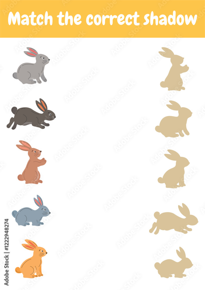 Obraz premium Find the correct shadow for each object. Preschool worksheet activity, logical games for kids, skill play puzzle, educational material for kindergarten, homeschooling, activity page.
