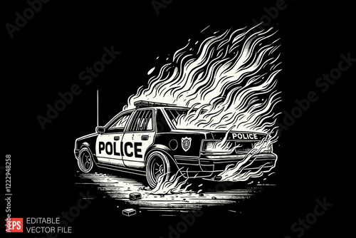Burning police car Black and white silhouette Illustration vector design