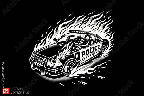 Burning police car Black and white silhouette Illustration vector design