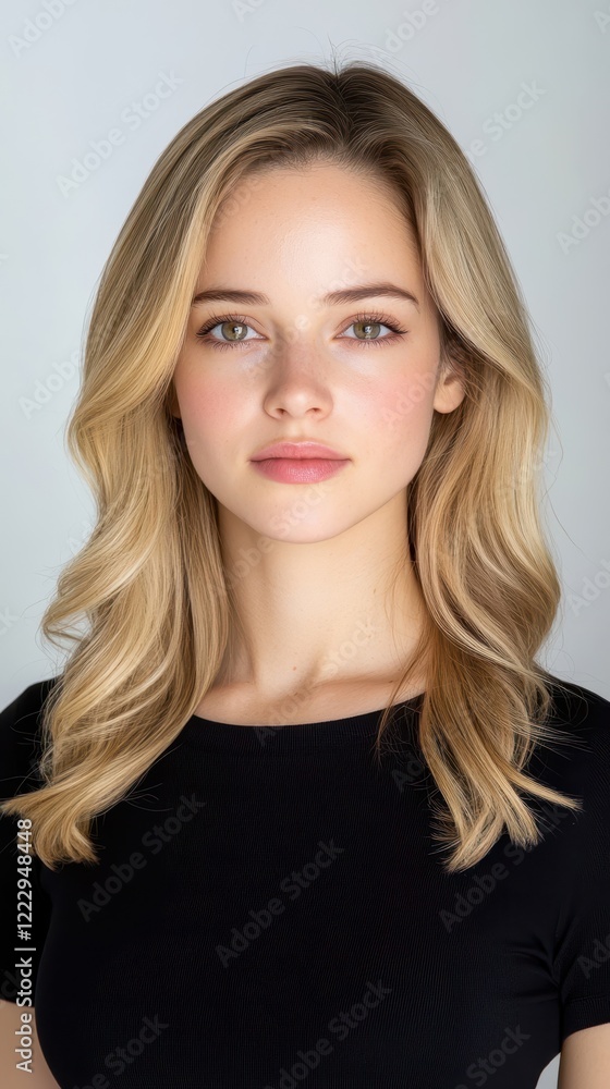 Stunning Portrait of a Young Woman with Long Blonde Hair and Natural Makeup against a Light Background, Perfect for Beauty and Fashion Themes Stunning Portrait of a Young Woman with Long Blonde Hair and Natural Makeup against a Light Background, Perfect for Beauty and Fashion Themes