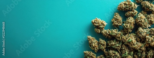 Dried indica cannabis buds arranged on a teal background with ample empty space for text and branding opportunities. photo