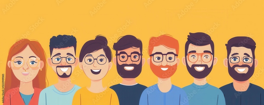 A vibrant illustration of a diverse group of seven smiling friends, showcasing various hairstyles and glasses against a bright yellow background.