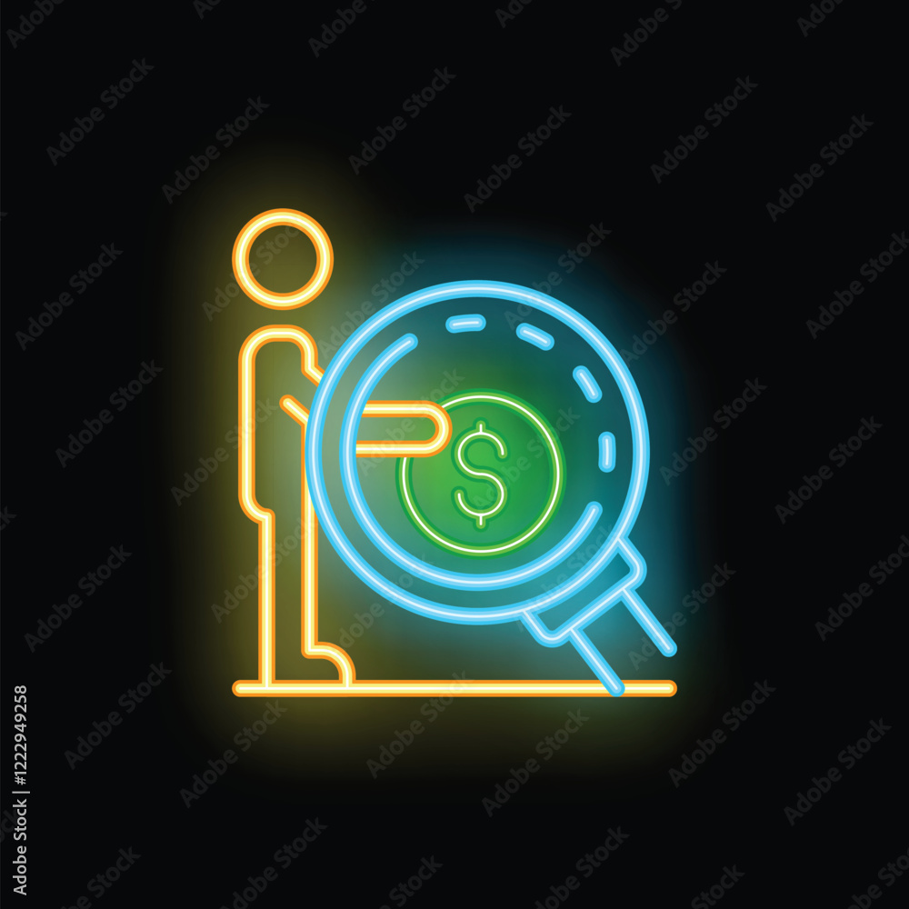 Obraz premium Neon sign representing a businessman holding a magnifying glass focusing on a dollar coin, a concept for searching for new financial opportunities