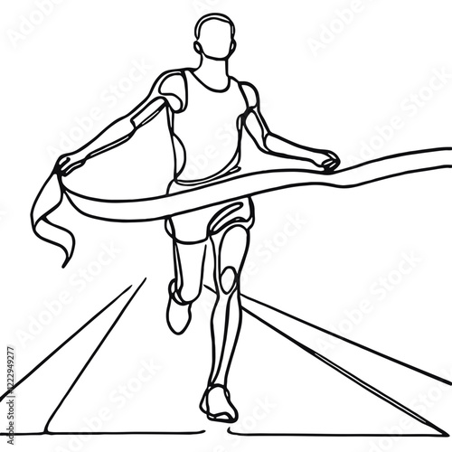 Athlete runner crosses the finish line, vector, black line drawing, minimalistic, single line, simple line, isolated, transparent background