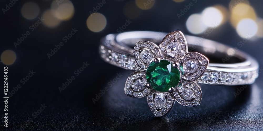 Elegant diamond and emerald flower ring design with blurred bokeh background and space for personalized text or branding details Elegant diamond and emerald flower ring design with blurred bokeh background and space for personalized text or branding details