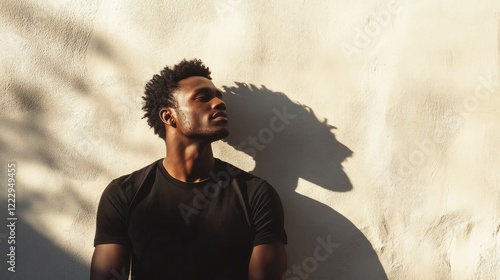 Portrait of African American man against illuminated wall with shadows creating dramatic backdrop and ample empty space for text placement photo