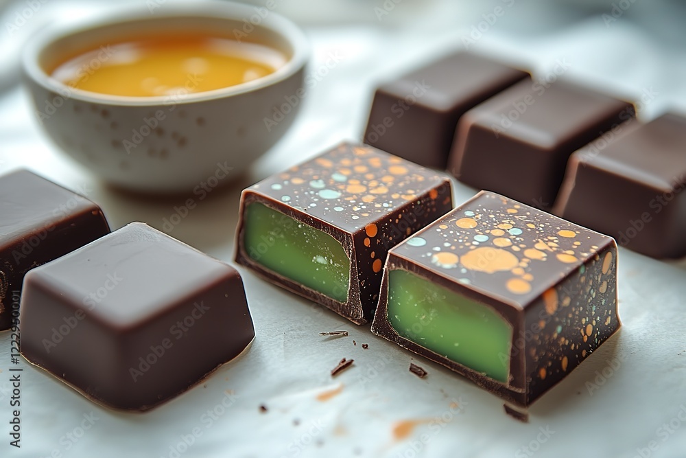 Artisan chocolates with vibrant green centers and speckled dark chocolate shells A delightful treat Artisan chocolates with vibrant green centers and speckled dark chocolate shells A delightful treat